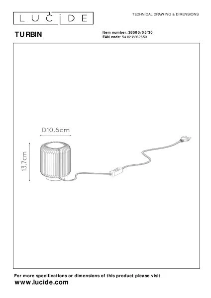 Lucide TURBIN - Tafellamp - Ø 10,6 cm - LED - 1x5W 3000K - Zwart - technisch